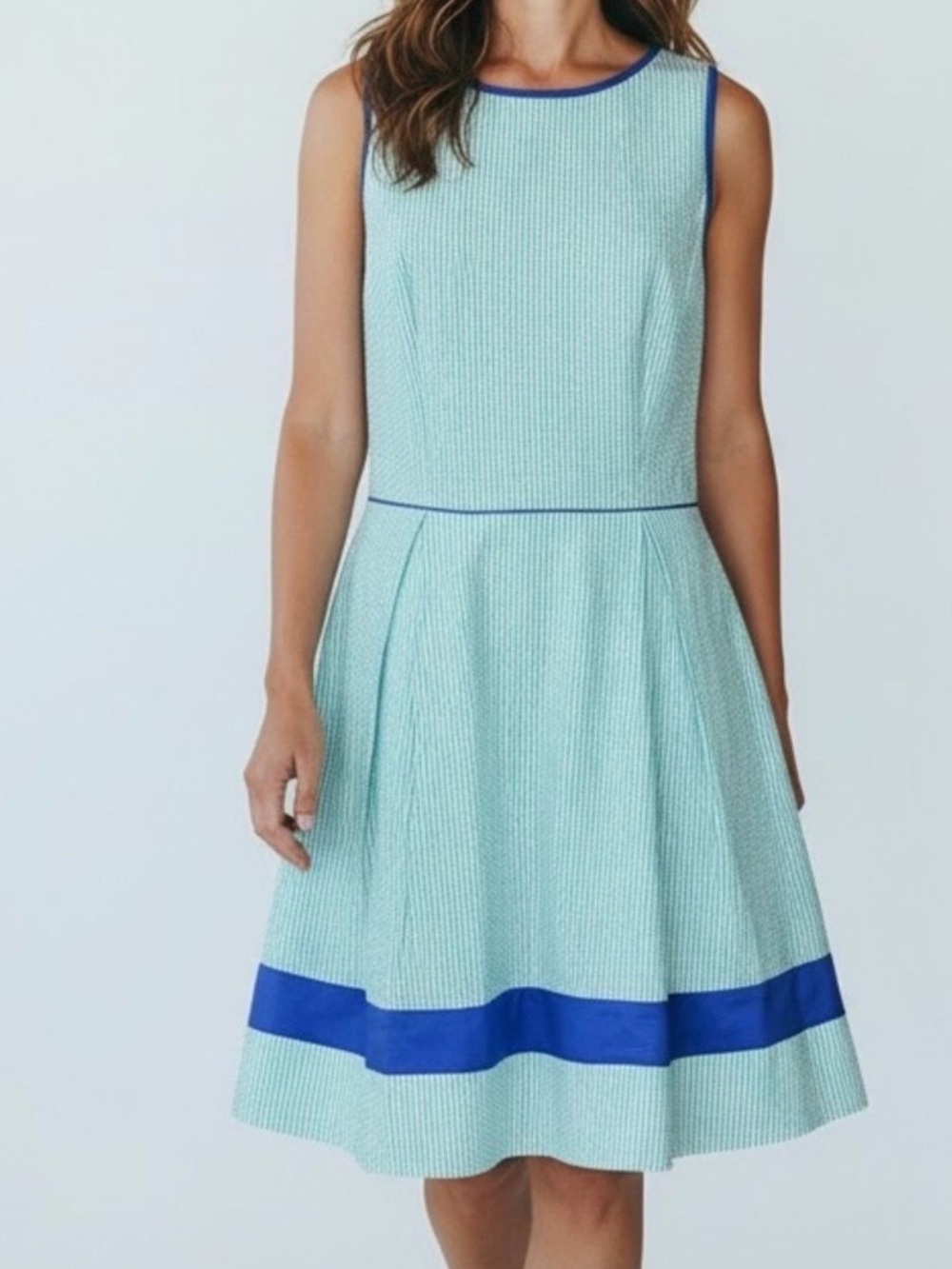 Jessica Simpson Mint-Striped Fit & Flare Dress with Royal Blue Trim